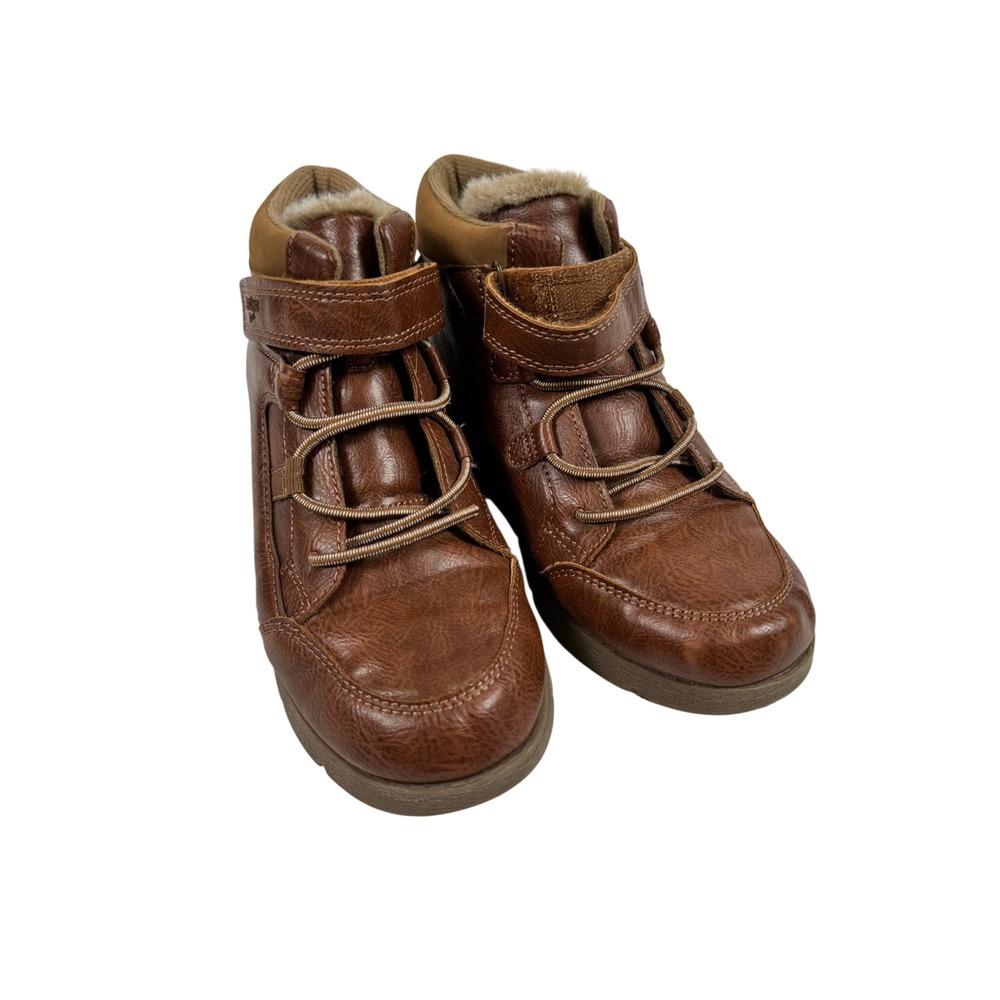OshKosh Bgosh Banyan Brown Faux Leather Faux Fur Lined Ankle Boots Kids Size 3M